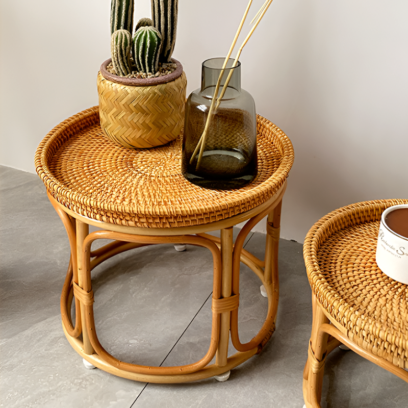 Handmade Rattan Side Table – Round Accent Table for Living Room, Balcony & Snacks Storage