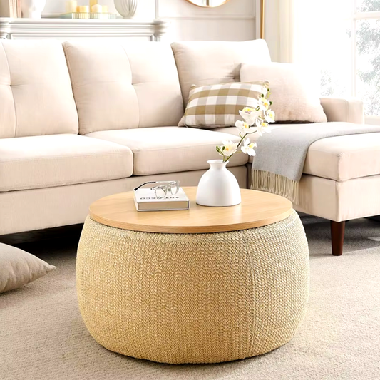 Modern Round Storage Ottoman with Wooden Lid – Handmade Woven Coffee Table, Footstool and End Table for Living Room