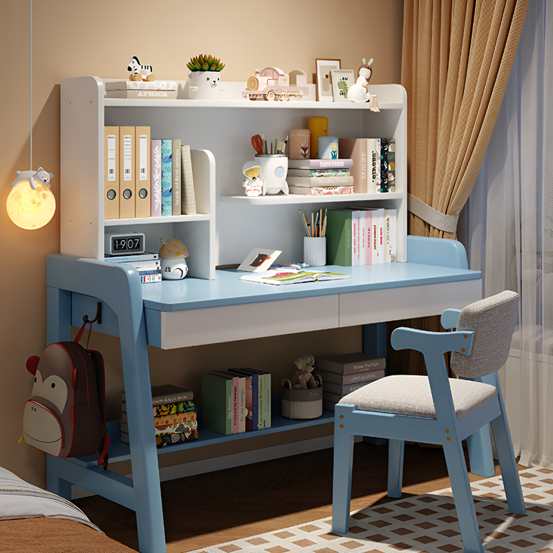 Solid Wood Kids Study Desk and Chair Set with Bookshelf and 2 Storage Drawers, Adjustable Height, 5 Colors, for Home or Bedroom