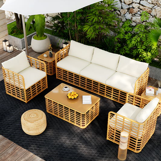 5-Piece Outdoor Rattan Sofa Set – Waterproof Patio Furniture with 3 Seater Sofa, 2 Armchairs, Coffee & Side Table – Garden Balcony Lounge