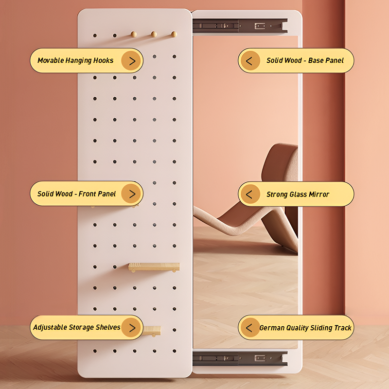 Sliding Full-Length Mirror with Pegboard Storage – 6 Hooks & 3 Display Shelves, Hidden Wall-Mount Design for Entryway or Bedroom