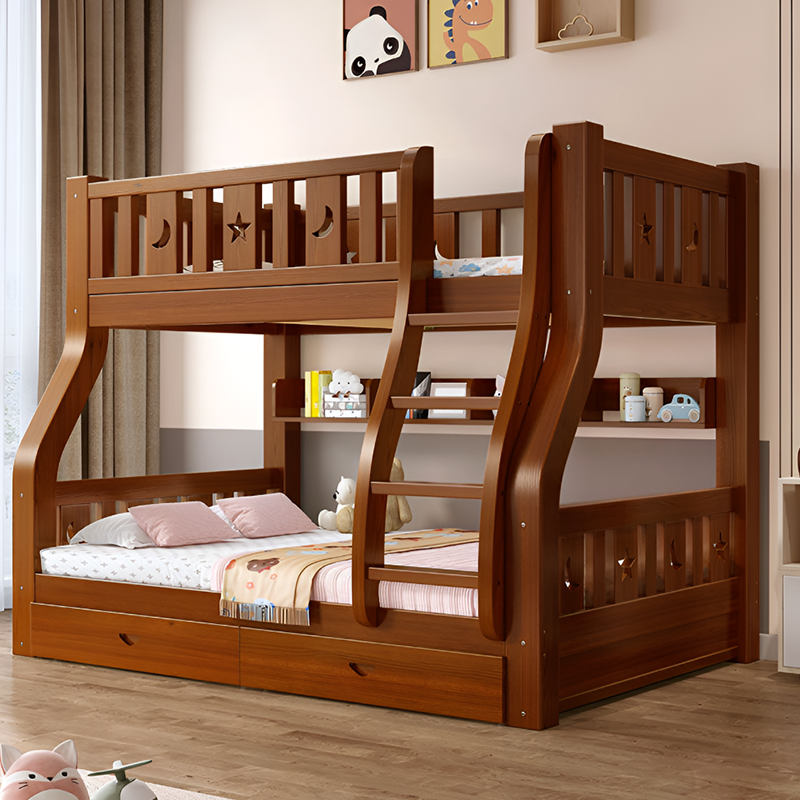 Solid Wood Bunk Bed With Two Storage Drawers, Bookshelf and 2 Mattresses – Double Twin Over Twin Loft Bed for Kids and Adults | Multifunctional Design