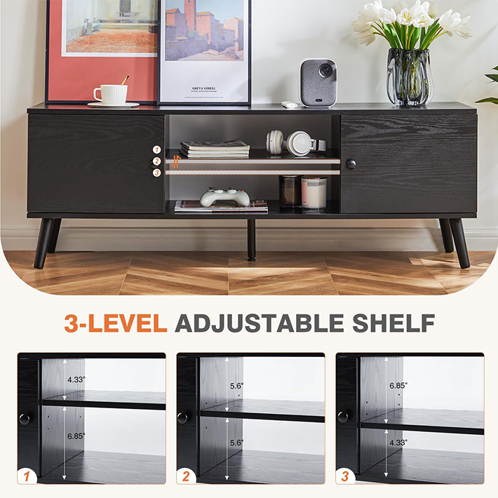 Modern Black TV Stand – Engineered Wood Entertainment Center with Adjustable Shelves and Cable Management
