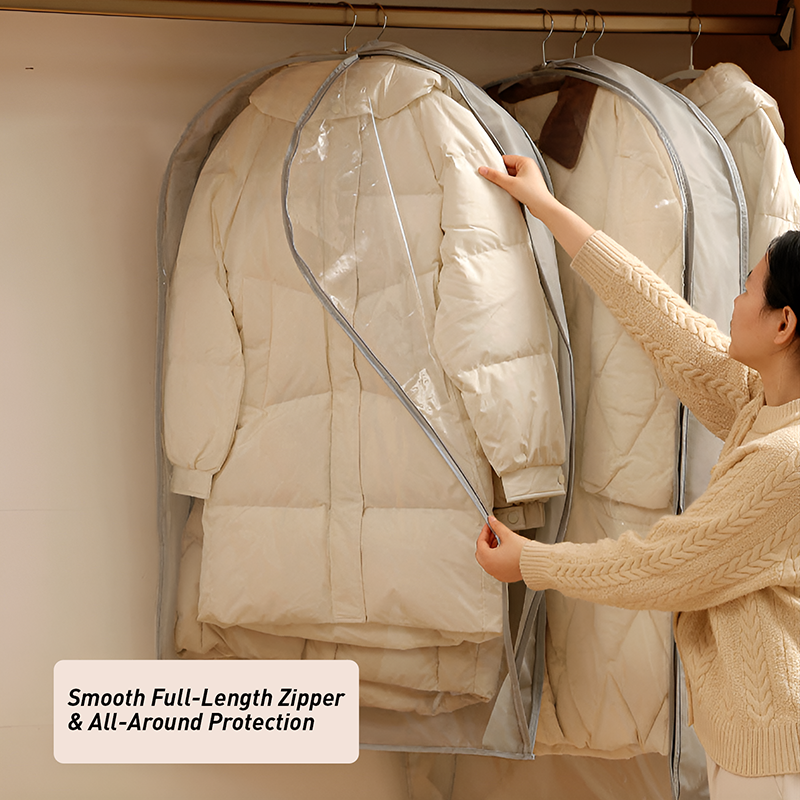 Clear Front Hanging Dust Cover for Coats & Suits – PEVA Waterproof Garment Bag With Semi-Opaque White or Gray Back