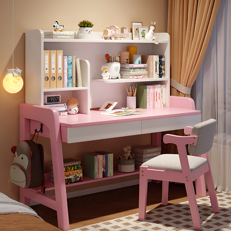 Solid Wood Kids Study Desk and Chair Set with Bookshelf and 2 Storage Drawers, Adjustable Height, 5 Colors, for Home or Bedroom