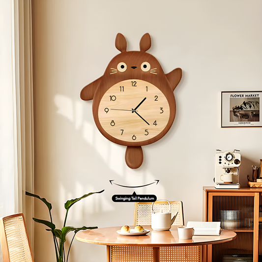 Totoro Wall Clock – Log Style Kids Room Clock with Swinging Tail | 35x46cm Decorative Anime Clock