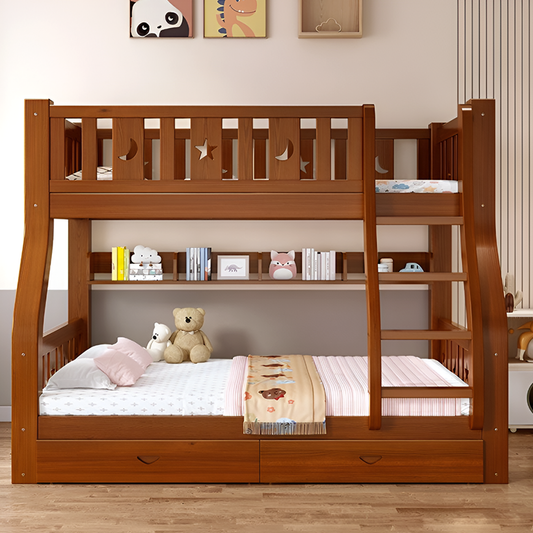 Solid Wood Bunk Bed With Two Storage Drawers, Bookshelf and 2 Mattresses – Double Twin Over Twin Loft Bed for Kids and Adults | Multifunctional Design
