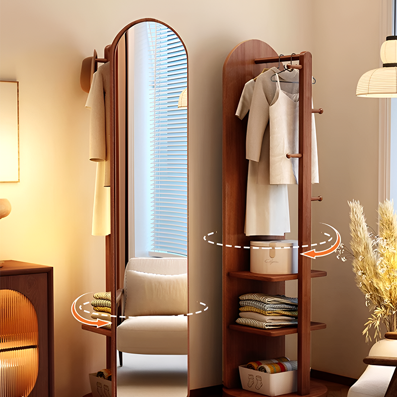 Rotating Full-Length Mirror with Wheels – Solid Wood Corner Wardrobe Stand, Floor Mirror with Coat Rack & Shelves for Bedroom