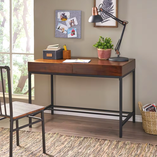 Modern Acacia Wood Writing Desk – 2 Drawer Industrial Home Office Table with Metal Legs