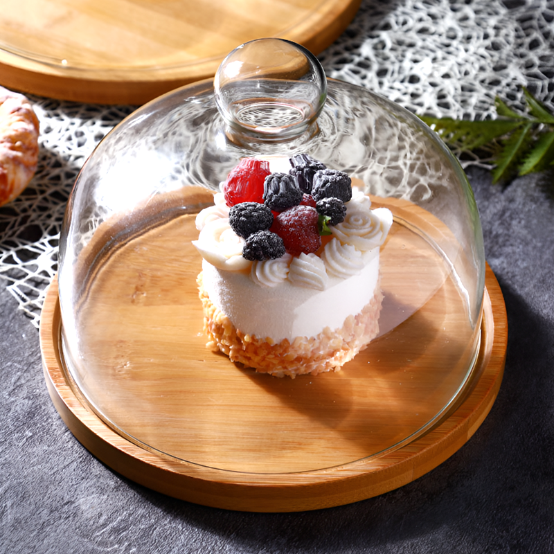 Bamboo Serving Tray with Glass Dome – Fruit, Dessert, Cake & Snack Display Stand