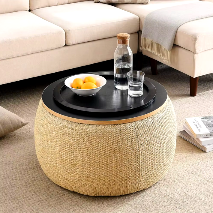 Modern Round Storage Ottoman with Wooden Lid – Handmade Woven Coffee Table, Footstool and End Table for Living Room