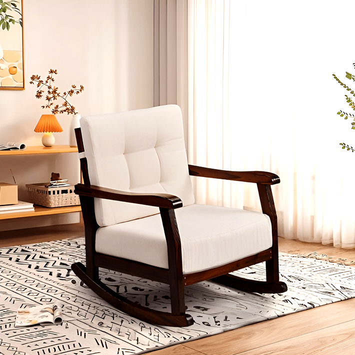 Carbonized Cedar Rocking Chair with Detachable White Cushion – Outdoor & Indoor Rustic Wooden Lounge Chair