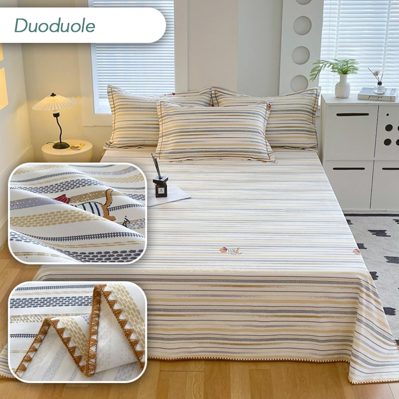 100% Cotton Coarse Cloth Summer Bedspread – Shell Edge Cool Mat & Linen Three-Piece Set – Great fit for Queen and King Beds