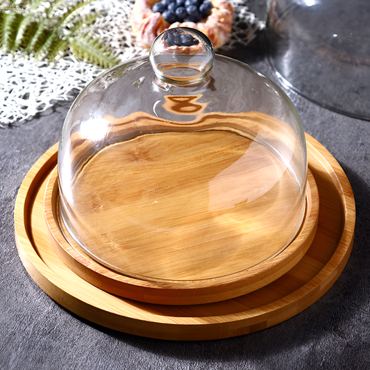 Bamboo Serving Tray with Glass Dome – Fruit, Dessert, Cake & Snack Display Stand