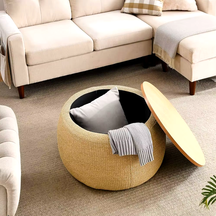Modern Round Storage Ottoman with Wooden Lid – Handmade Woven Coffee Table, Footstool and End Table for Living Room