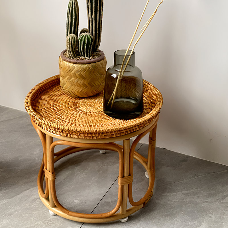 Handmade Rattan Side Table – Round Accent Table for Living Room, Balcony & Snacks Storage