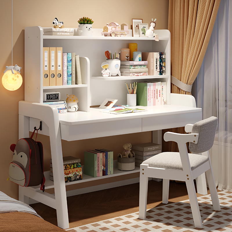 Solid Wood Kids Study Desk and Chair Set with Bookshelf and 2 Storage Drawers, Adjustable Height, 5 Colors, for Home or Bedroom