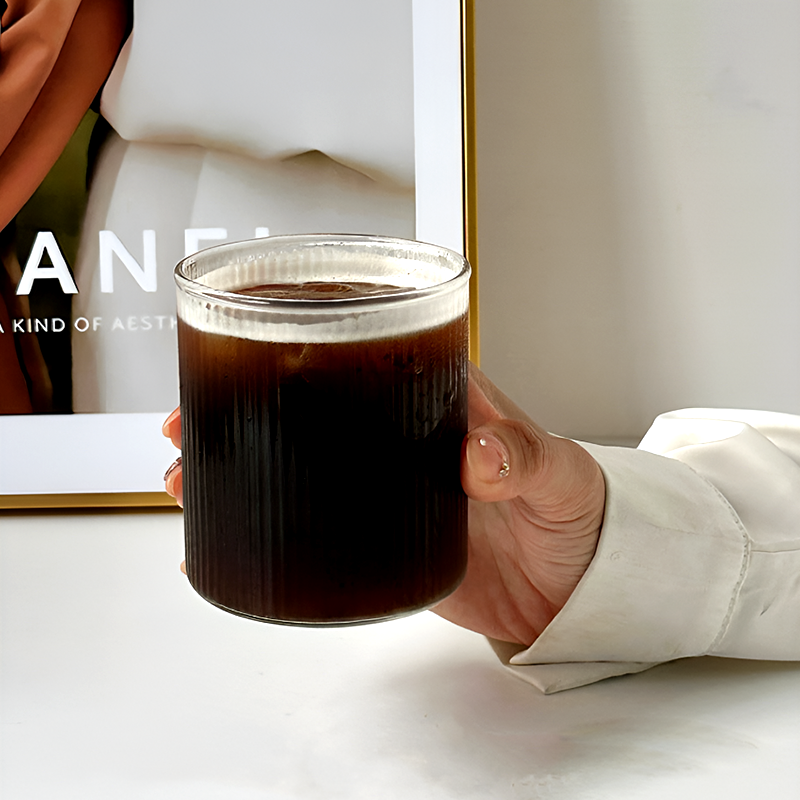 High Borosilicate Glass Cup – Large-Capacity Vertical Grain Milk & Iced Coffee Drinkware