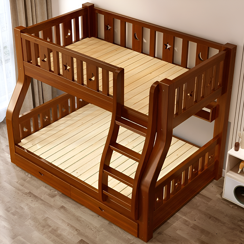 Solid Wood Bunk Bed With Two Storage Drawers, Bookshelf and 2 Mattresses – Double Twin Over Twin Loft Bed for Kids and Adults | Multifunctional Design