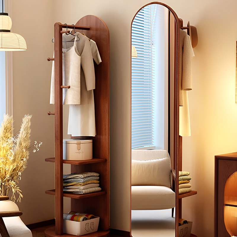 Rotating Full-Length Mirror with Wheels – Solid Wood Corner Wardrobe Stand, Floor Mirror with Coat Rack & Shelves for Bedroom