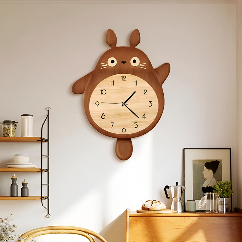 Totoro Wall Clock – Log Style Kids Room Clock with Swinging Tail | 35x46cm Decorative Anime Clock