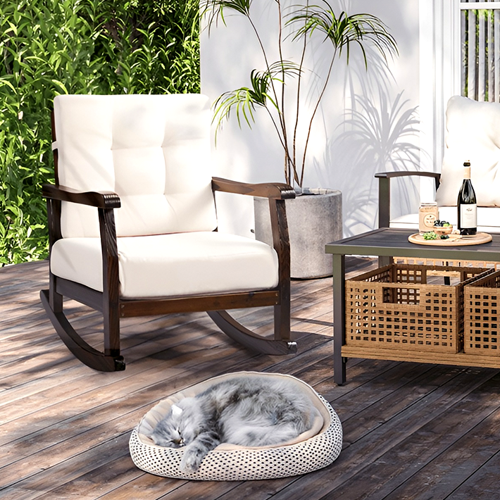 Carbonized Cedar Rocking Chair with Detachable White Cushion – Outdoor & Indoor Rustic Wooden Lounge Chair