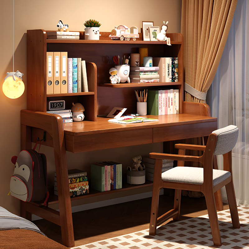 Solid Wood Kids Study Desk and Chair Set with Bookshelf and 2 Storage Drawers, Adjustable Height, 5 Colors, for Home or Bedroom