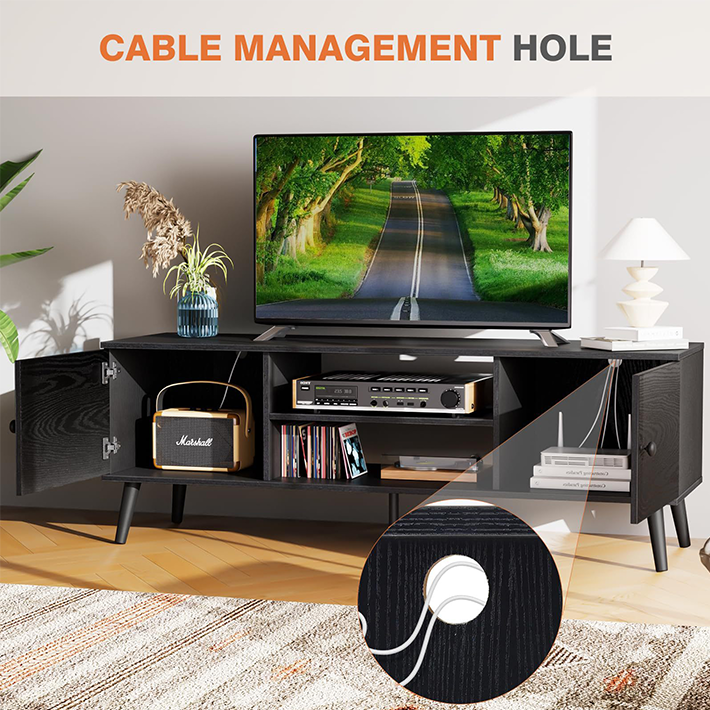 Modern Black TV Stand – Engineered Wood Entertainment Center with Adjustable Shelves and Cable Management