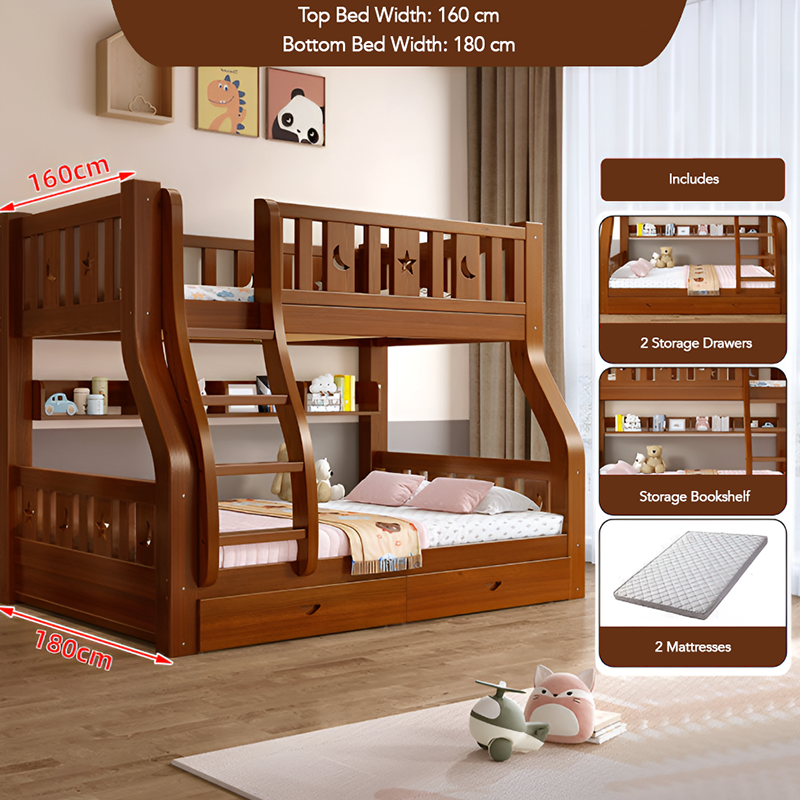 Solid Wood Bunk Bed With Two Storage Drawers, Bookshelf and 2 Mattresses – Double Twin Over Twin Loft Bed for Kids and Adults | Multifunctional Design