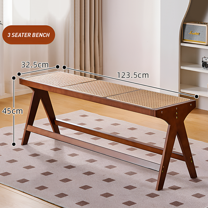 Rattan Bench – Vintage Double Stool for Living Room, Dining, or Bed End Seating