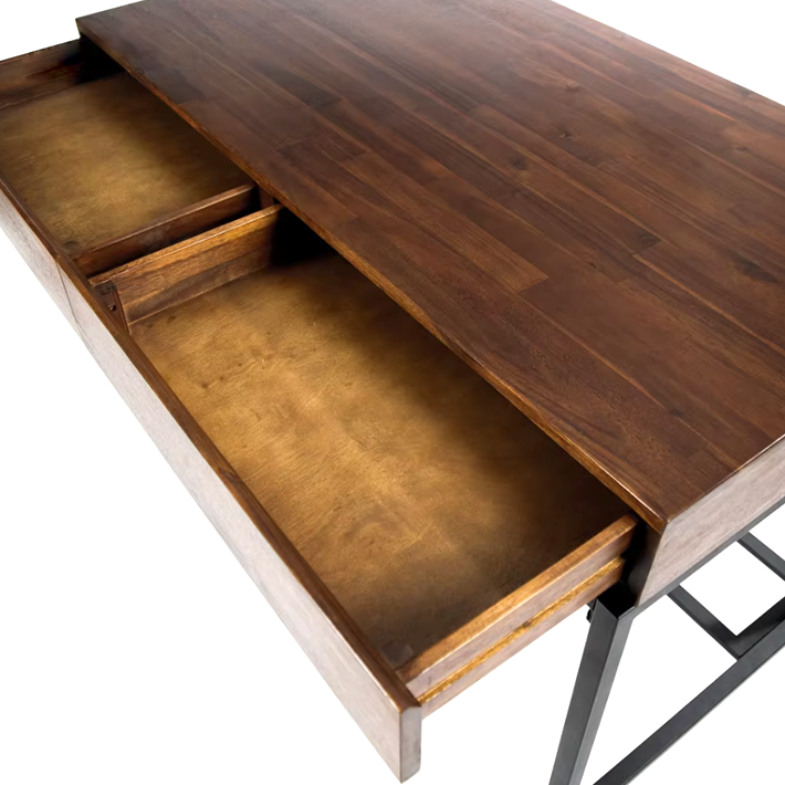 Modern Acacia Wood Writing Desk – 2 Drawer Industrial Home Office Table with Metal Legs