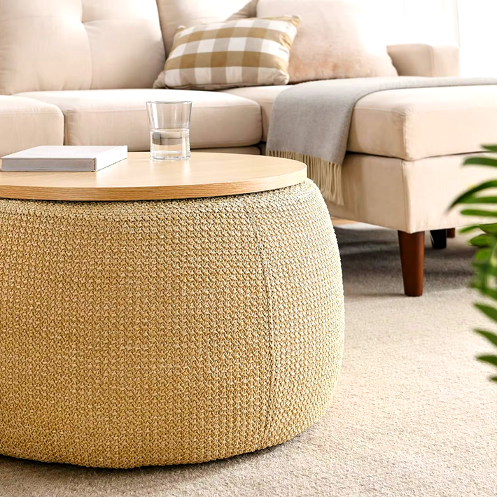 Modern Round Storage Ottoman with Wooden Lid – Handmade Woven Coffee Table, Footstool and End Table for Living Room