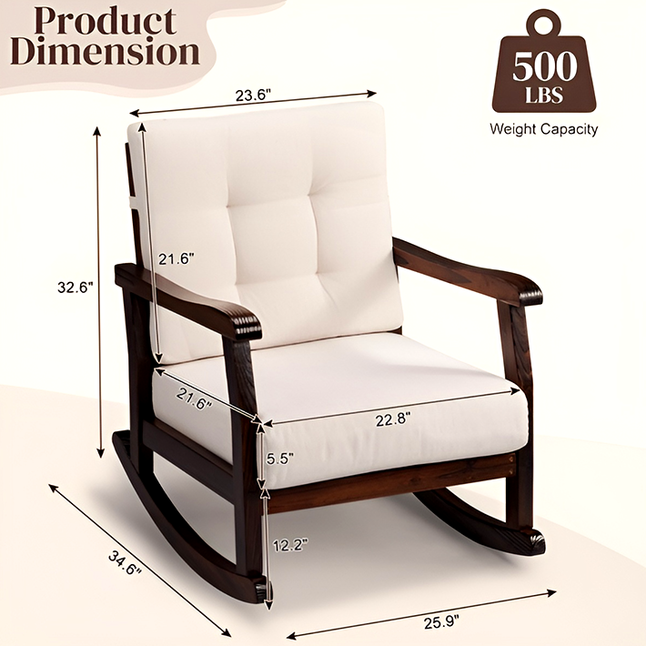 Carbonized Cedar Rocking Chair with Detachable White Cushion – Outdoor & Indoor Rustic Wooden Lounge Chair