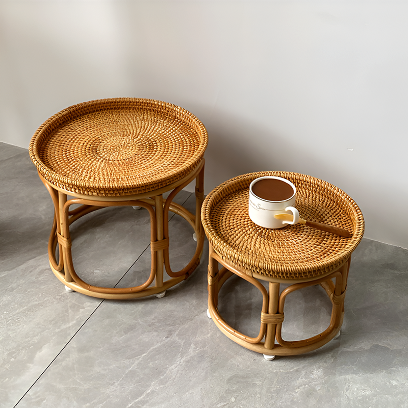 Handmade Rattan Side Table – Round Accent Table for Living Room, Balcony & Snacks Storage