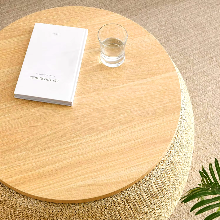 Modern Round Storage Ottoman with Wooden Lid – Handmade Woven Coffee Table, Footstool and End Table for Living Room