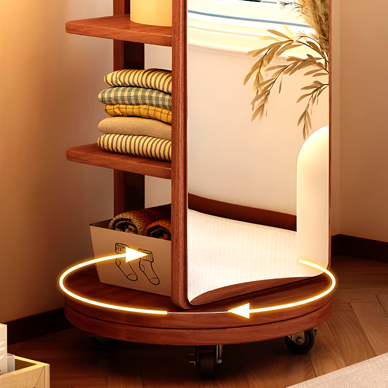 Rotating Full-Length Mirror with Wheels – Solid Wood Corner Wardrobe Stand, Floor Mirror with Coat Rack & Shelves for Bedroom