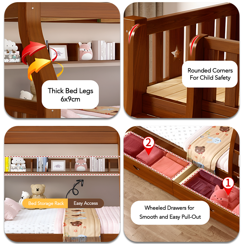 Solid Wood Bunk Bed With Two Storage Drawers, Bookshelf and 2 Mattresses – Double Twin Over Twin Loft Bed for Kids and Adults | Multifunctional Design