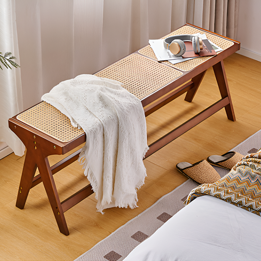 Rattan Bench – Vintage Double Stool for Living Room, Dining, or Bed End Seating