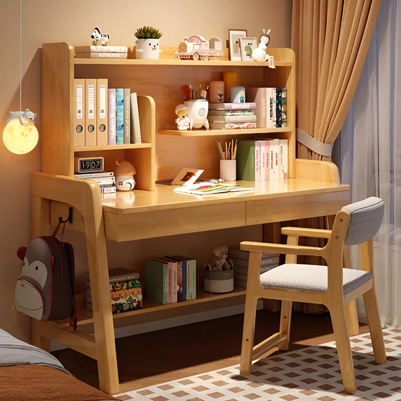 Solid Wood Kids Study Desk and Chair Set with Bookshelf and 2 Storage Drawers, Adjustable Height, 5 Colors, for Home or Bedroom