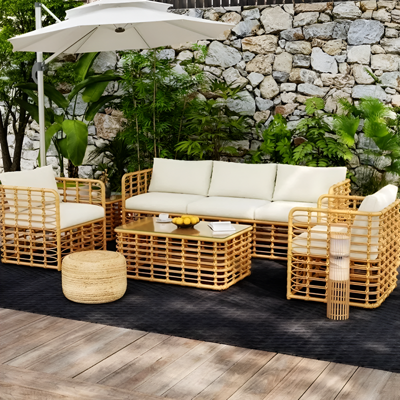 5-Piece Outdoor Rattan Sofa Set – Waterproof Patio Furniture with 3 Seater Sofa, 2 Armchairs, Coffee & Side Table – Garden Balcony Lounge