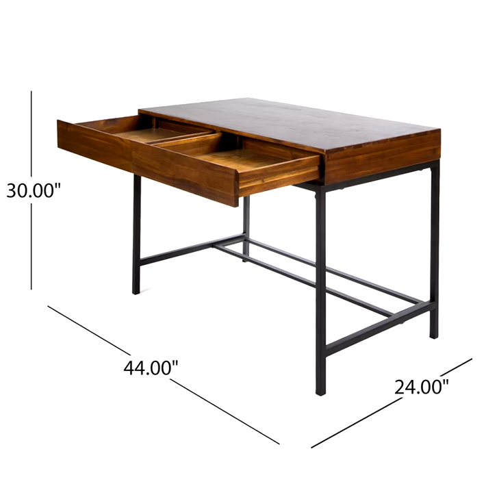 Modern Acacia Wood Writing Desk – 2 Drawer Industrial Home Office Table with Metal Legs
