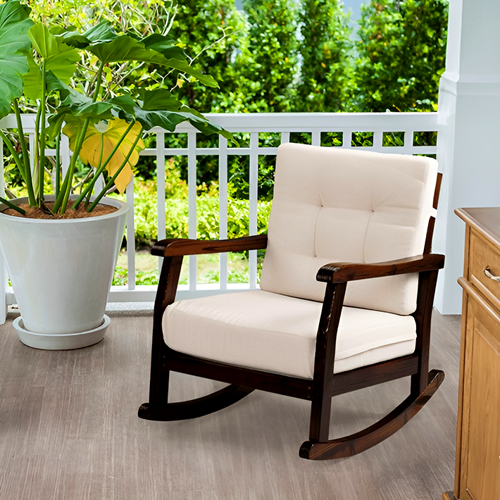 Carbonized Cedar Rocking Chair with Detachable White Cushion – Outdoor & Indoor Rustic Wooden Lounge Chair