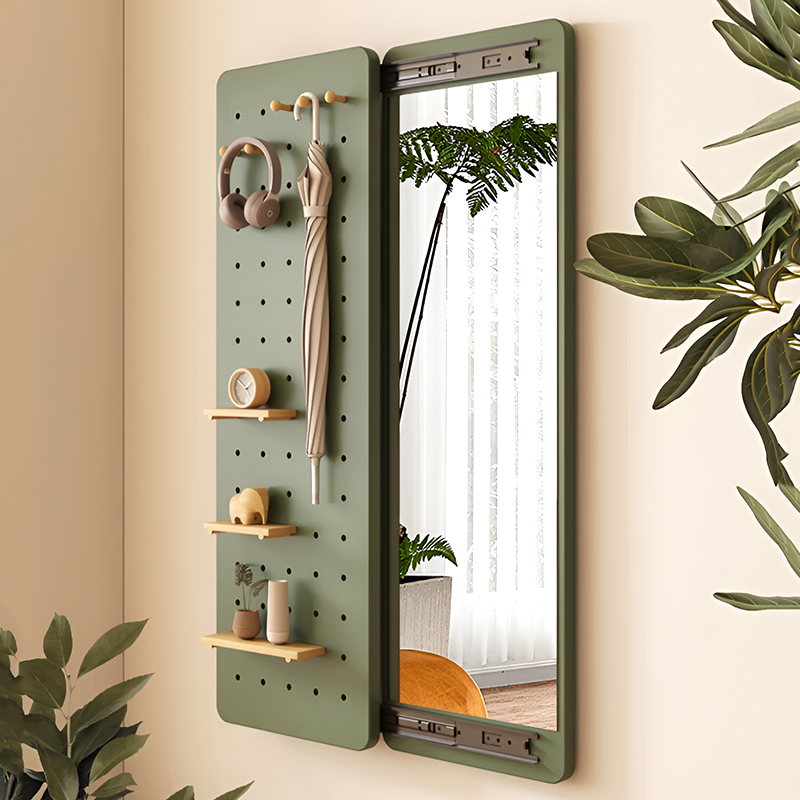 Sliding Full-Length Mirror with Pegboard Storage – 6 Hooks & 3 Display Shelves, Hidden Wall-Mount Design for Entryway or Bedroom