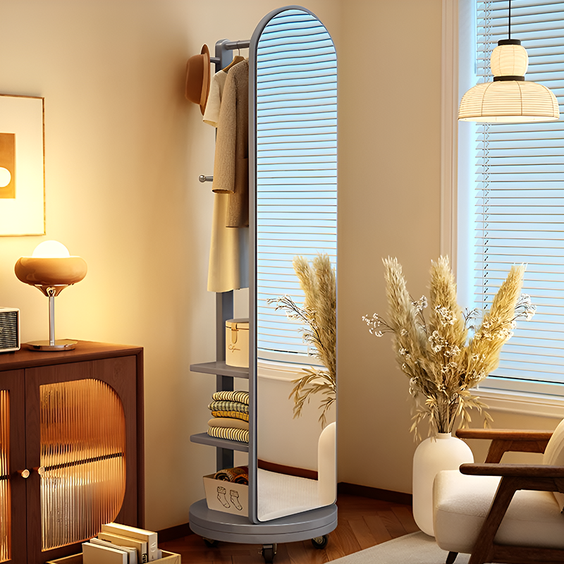 Rotating Full-Length Mirror with Wheels – Solid Wood Corner Wardrobe Stand, Floor Mirror with Coat Rack & Shelves for Bedroom