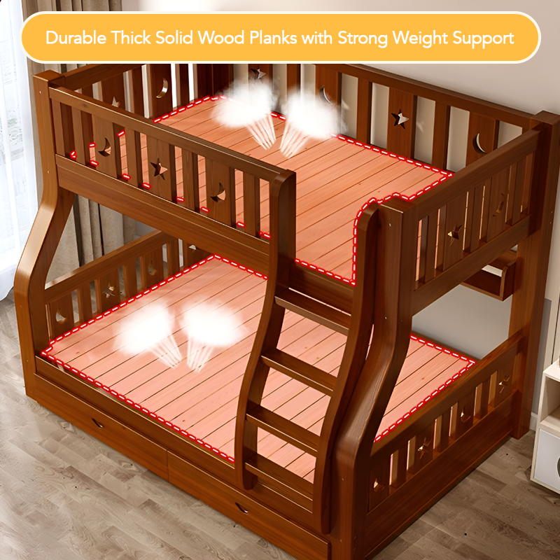 Solid Wood Bunk Bed With Two Storage Drawers, Bookshelf and 2 Mattresses – Double Twin Over Twin Loft Bed for Kids and Adults | Multifunctional Design