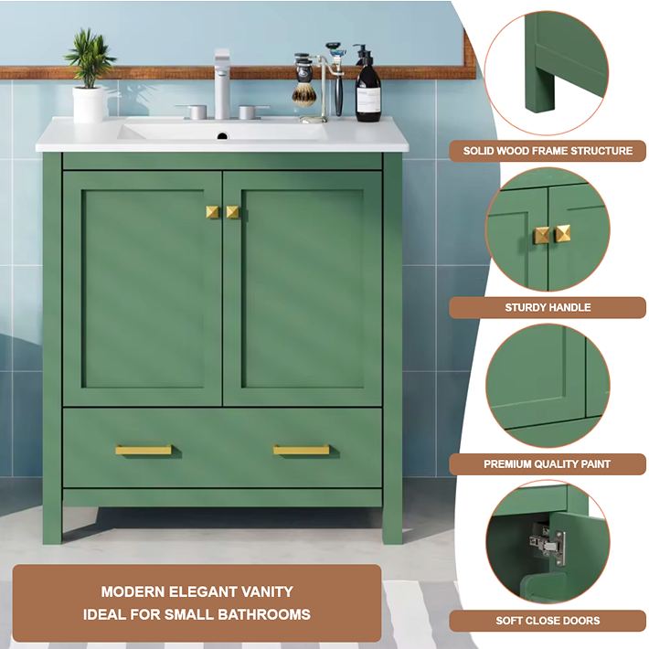 Modern Bathroom Vanity with Sink – Solid Wood Cabinet with Drawer & Soft-Close Doors, Undermount Combo Sink & Ample Storage