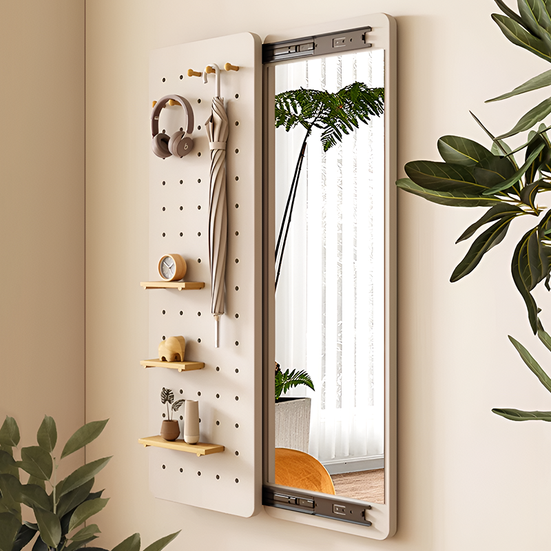 Sliding Full-Length Mirror with Pegboard Storage – 6 Hooks & 3 Display Shelves, Hidden Wall-Mount Design for Entryway or Bedroom