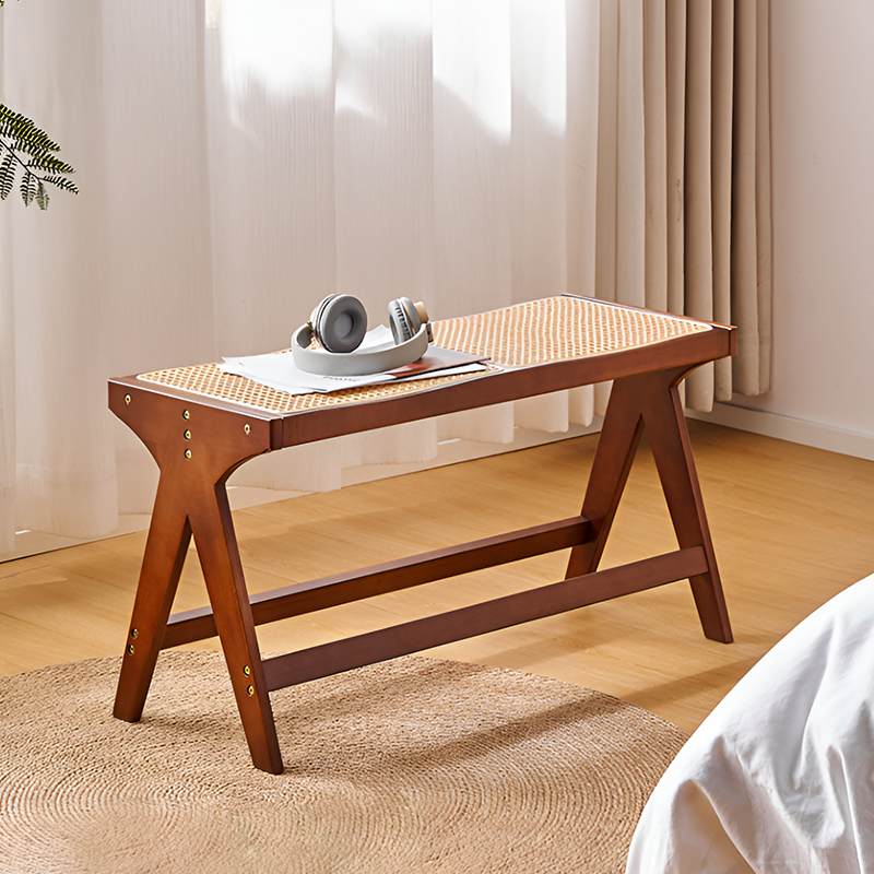 Rattan Bench – Vintage Double Stool for Living Room, Dining, or Bed End Seating