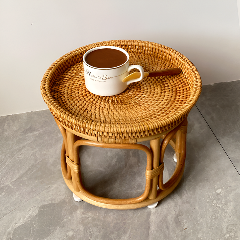Handmade Rattan Side Table – Round Accent Table for Living Room, Balcony & Snacks Storage