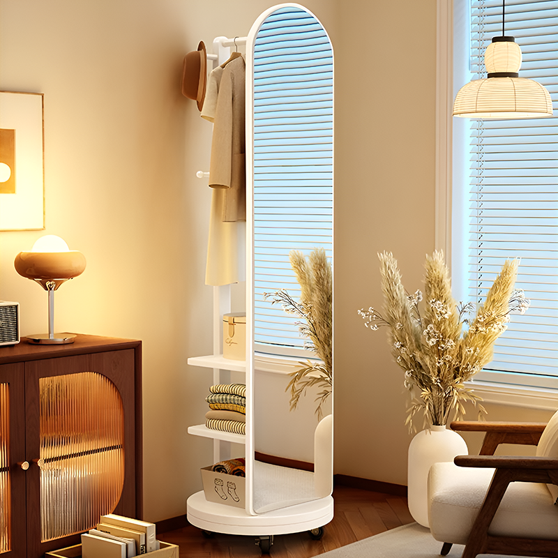 Rotating Full-Length Mirror with Wheels – Solid Wood Corner Wardrobe Stand, Floor Mirror with Coat Rack & Shelves for Bedroom